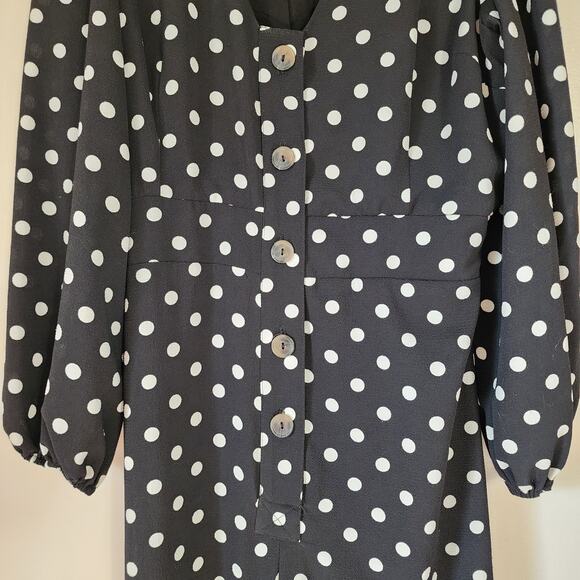 LeRumi Polka Dot Classic Black White Wide Leg Button Up V Neck Jumpsuit S - Picture 3 of 13